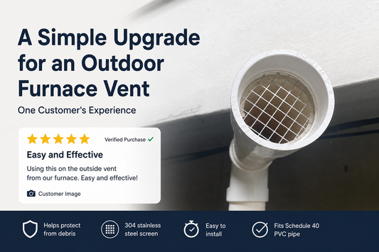 Verified customer installation of a PVC furnace vent cap with stainless steel mesh on an outdoor Schedule 40 PVC furnace vent.
