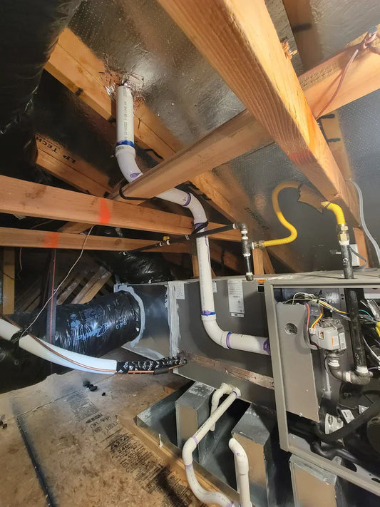 “LGQF-LL 2-inch PVC vent cap with 304 stainless steel mesh installed on gas furnace vent pipe preventing water leakage, debris, and airflow blockage”