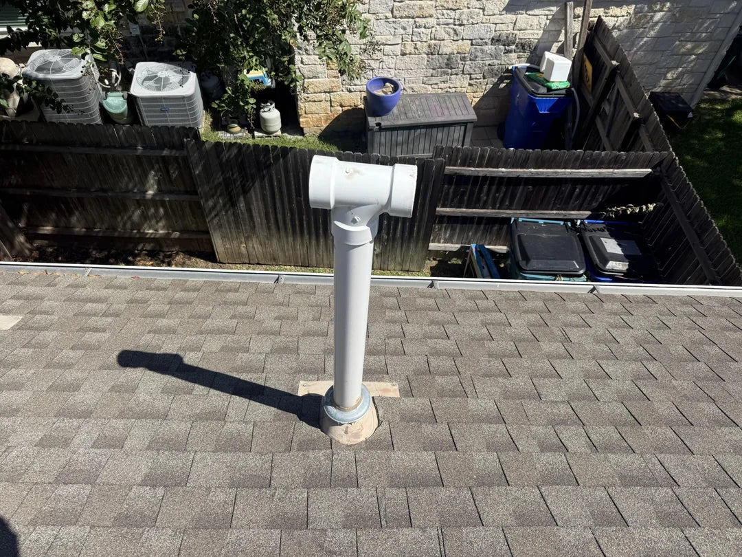 “LGQF-LL 304 stainless steel PVC vent cap installed on a rooftop PVC vent pipe, preventing debris, birds, rodents, and blocked airflow”