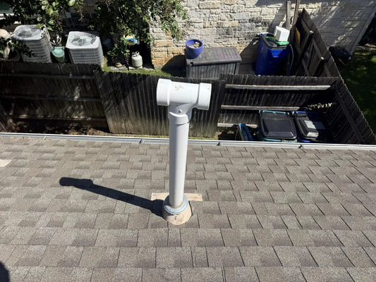 “LGQF-LL 304 stainless steel PVC vent cap installed on a rooftop PVC vent pipe, preventing debris, birds, rodents, and blocked airflow”
