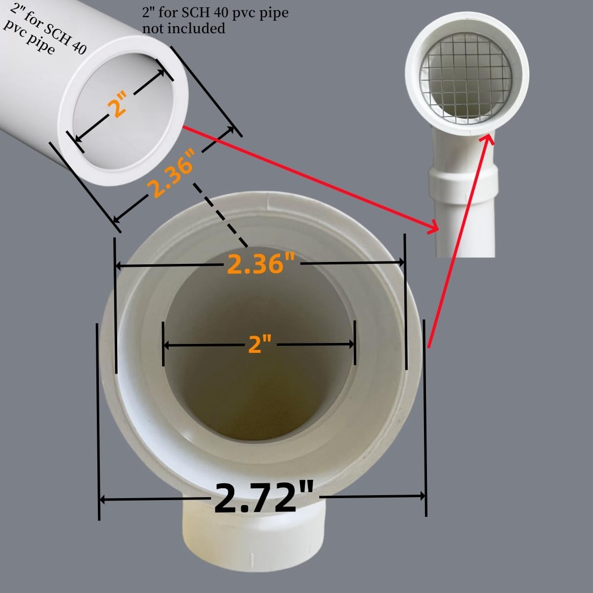 Accurate dimension specifications for 2 inch long sweep PVC vent cap.