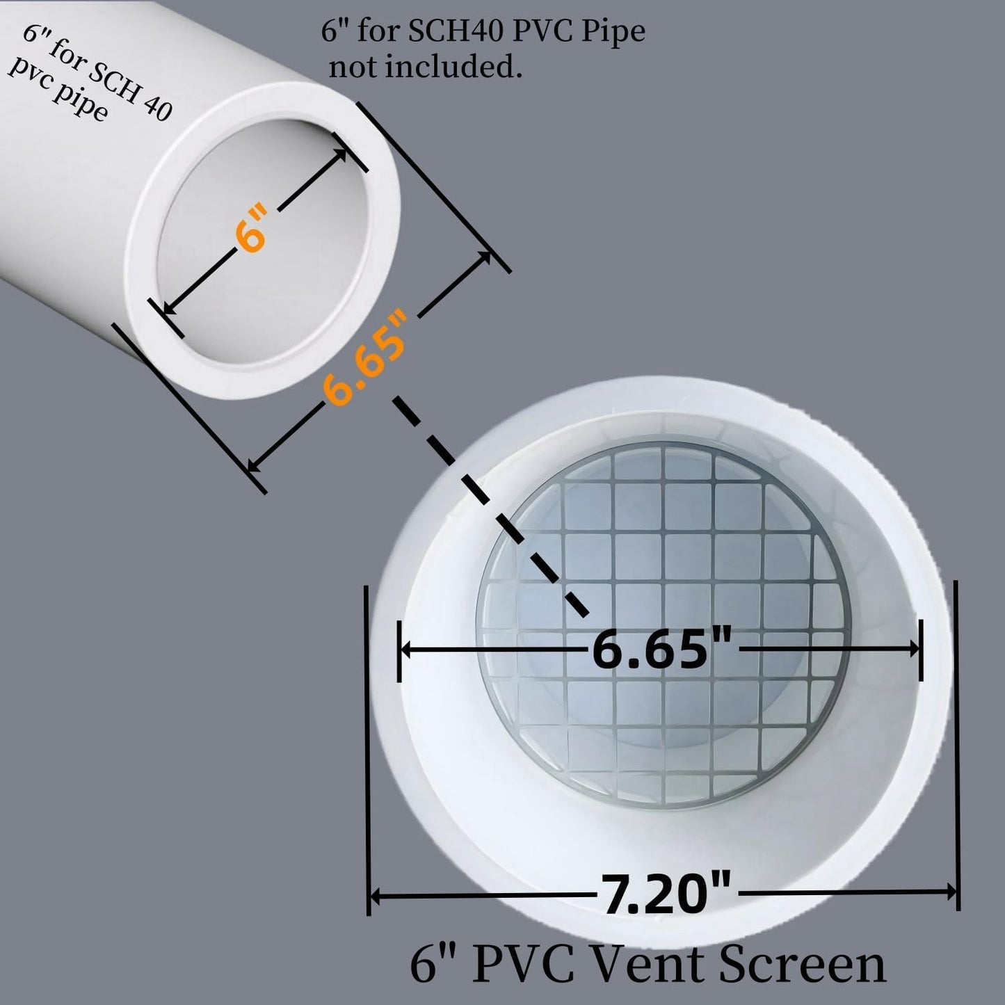 Detailed dimension chart for 6 inch PVC vent screen cap showing internal and external diameter.