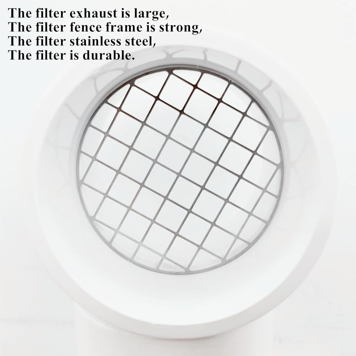 Close-up of 304 stainless steel screen on LGQF-LL 2 inch PVC vent cap