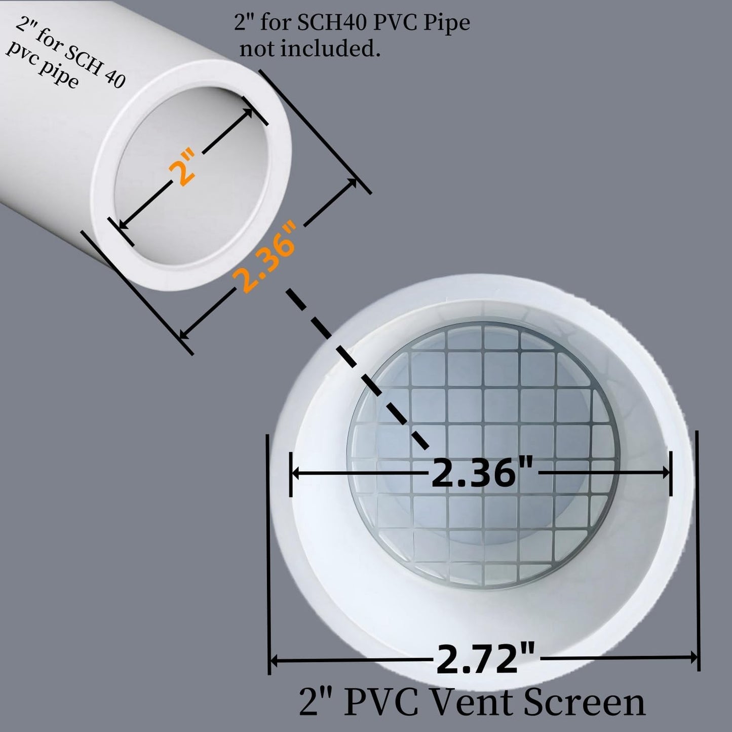 Dimension chart for 2 inch outer-fit PVC vent cap fitting approximately 2.375 inch pipe outside diameter