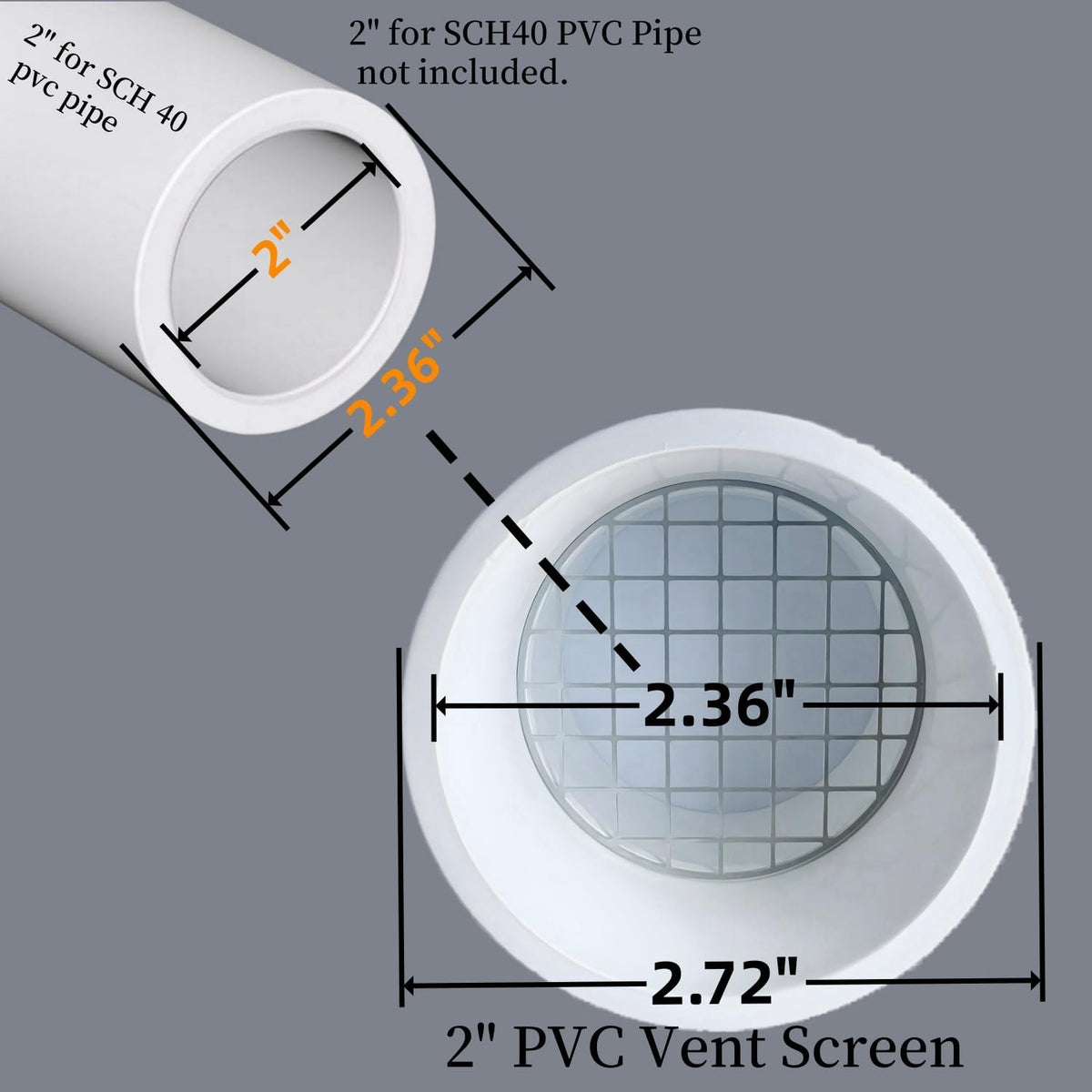 Dimension chart for 2 inch outer-fit PVC vent cap fitting approximately 2.375 inch pipe outside diameter