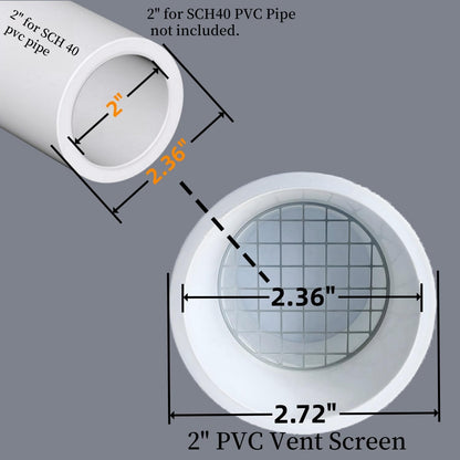 Dimension chart for 2 inch outer-fit PVC vent cap fitting approximately 2.375 inch pipe outside diameter