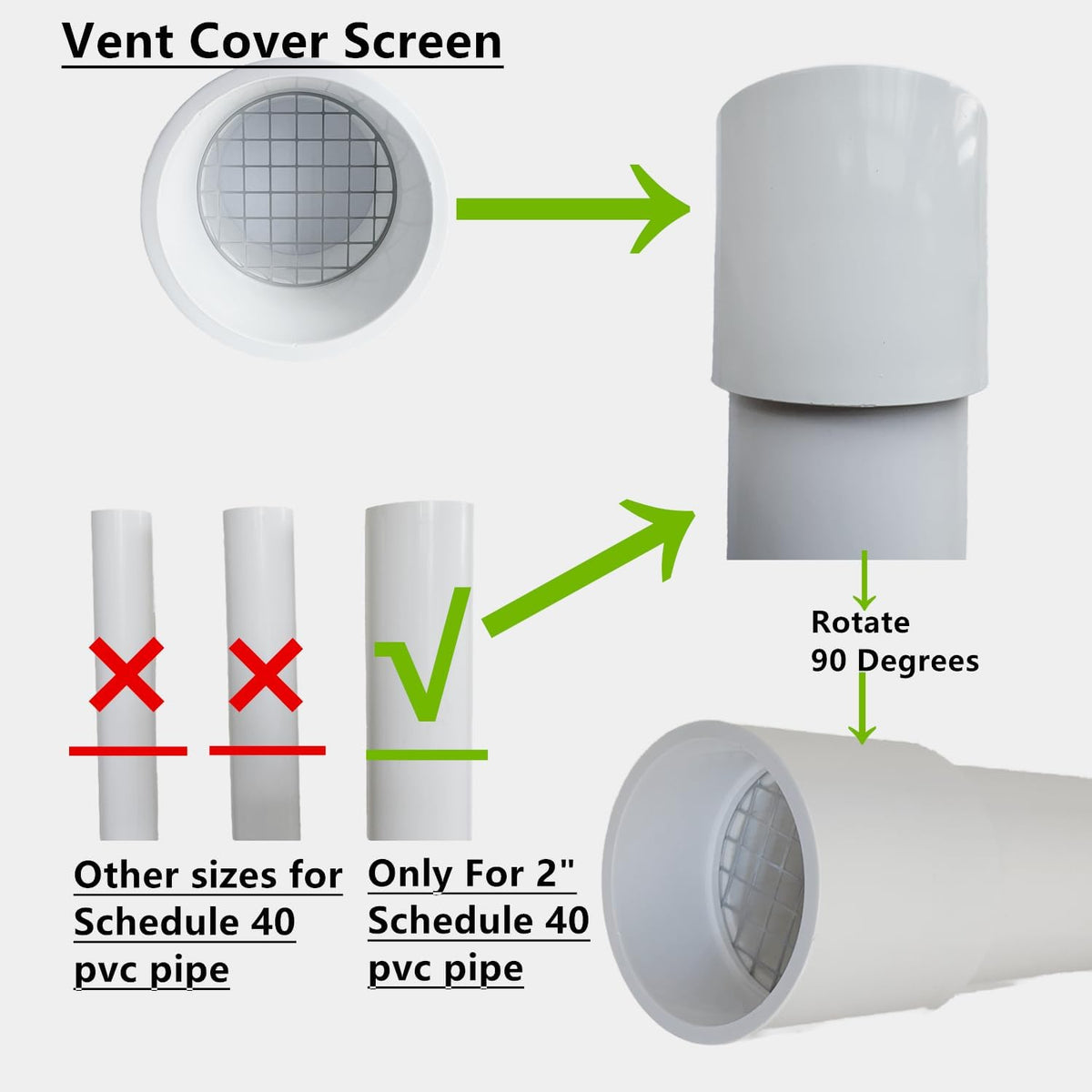 Outer-fit 2 inch PVC vent screen cap sliding over the outside of compatible Schedule 40 PVC pipe