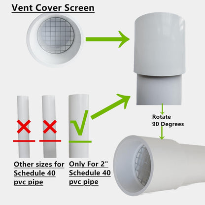 Outer-fit 2 inch PVC vent screen cap sliding over the outside of compatible Schedule 40 PVC pipe