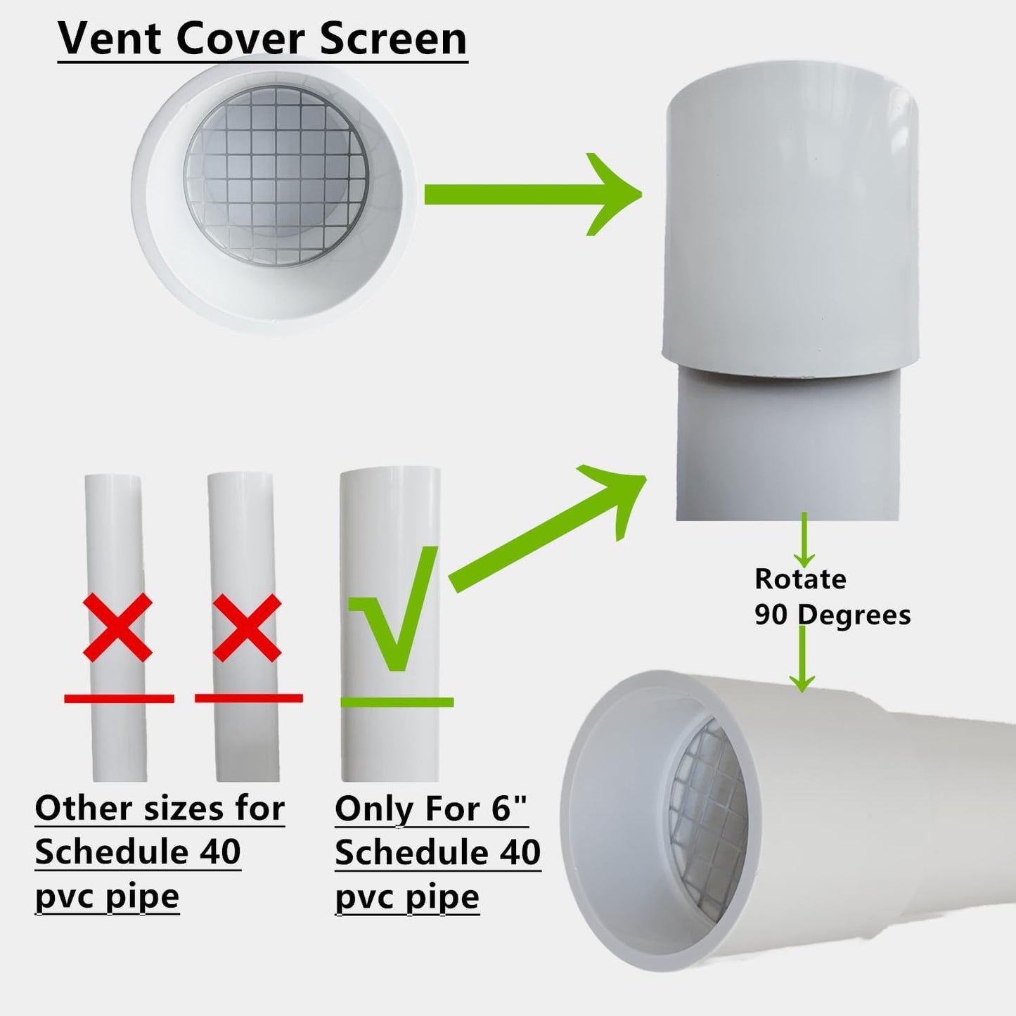 How to install 6 inch PVC vent screen without tools or glue on a schedule 40 pipe.