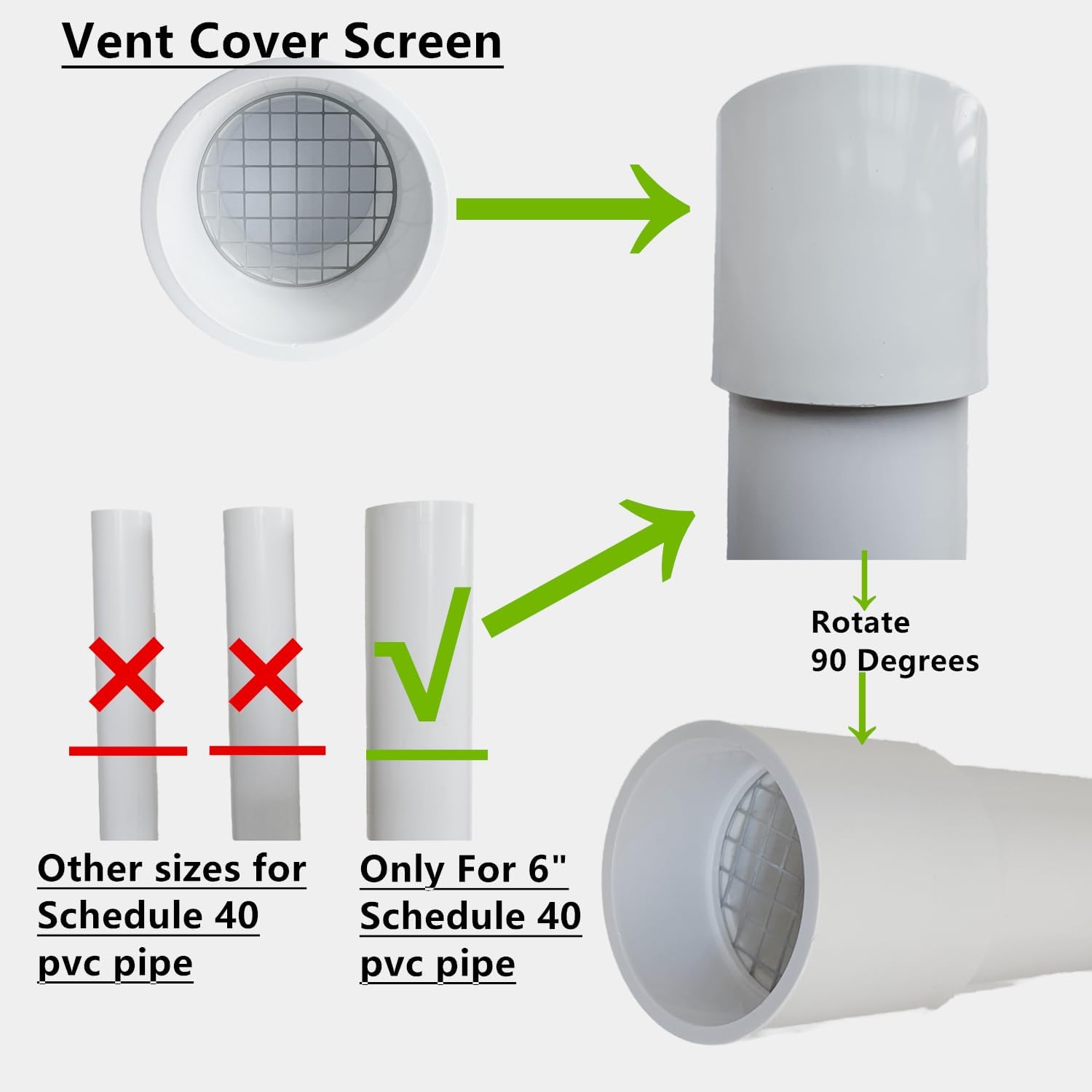 How to install 6 inch PVC vent screen without tools or glue on a schedule 40 pipe.
