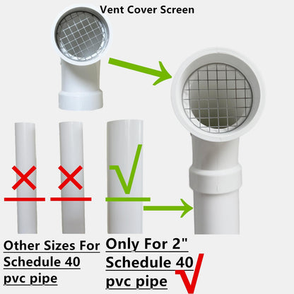 Tool-free friction fit installation of 2 inch PVC vent screen on a pipe.