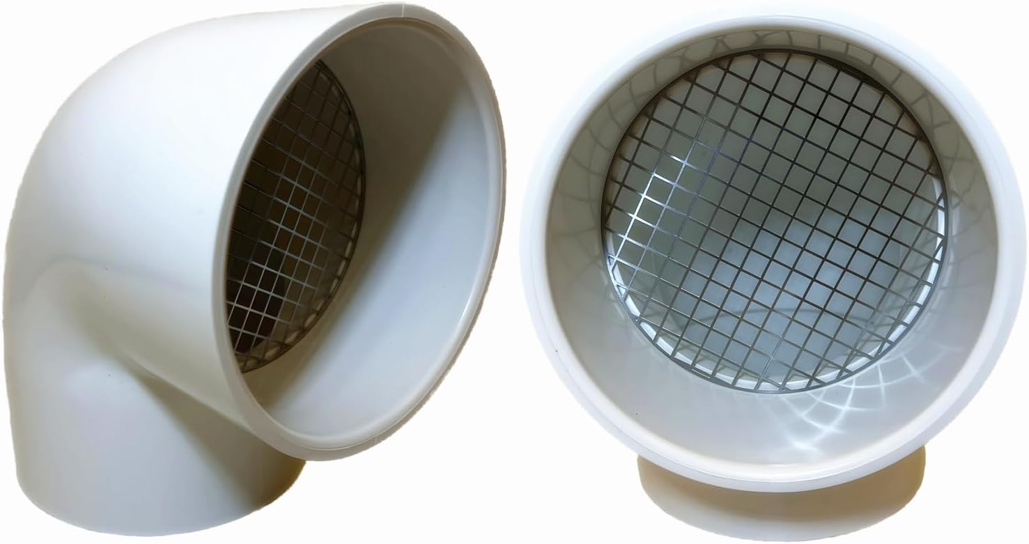 Front and angled views of LGQF-LL 2 inch 90 degree PVC furnace vent cap