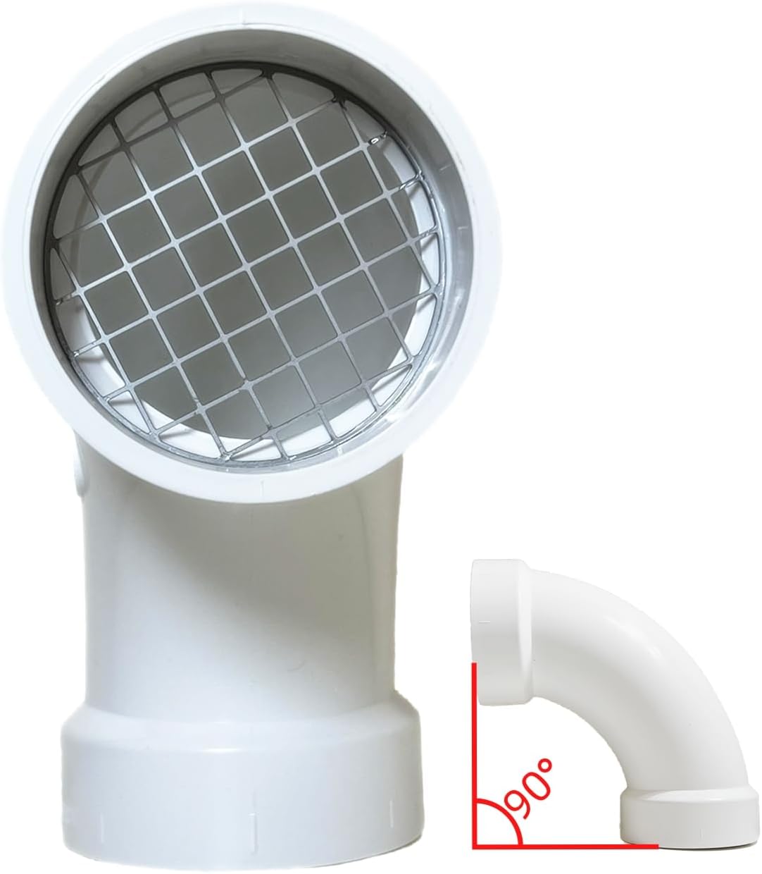 LGQF-LL 2" vent screen fitting perfectly into a long sweep PVC elbow without tools.