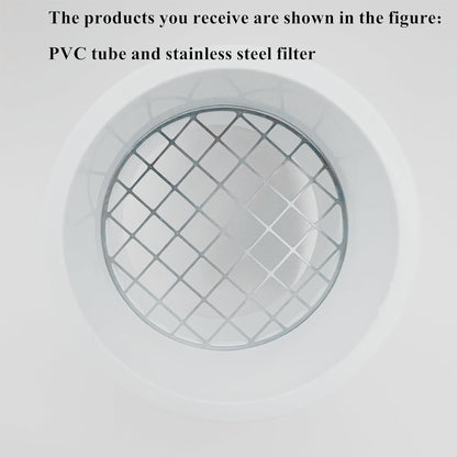 Technical diagram of LGQF-LL 4" PVC vent cap showing UV-resistant body and high-flow stainless steel mesh.